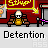 Pixelated character with white hair and yellow shirt sits on brown bench beneath red banner with yellow text, repeated across with 'Detention' text below
