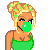 Pixel art of a woman with blonde hair in an updo, wearing green spaghetti-strap top and blowing large green bubblegum, displayed across multiple