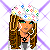 Pixel art character with long brown hair wearing a white headband covered in colorful flowers, holding a small bag of rainbow-colored candies while standing next to another figure in a white shirt and blue pants against a purple diamond-patterned background.