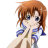 Pixelated anime-style character with orange hair and blue eyes, hands clasped near face, wearing blue and white checkered shirt on gray background