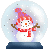 Pixelated snow globe containing a snowman with red hat, red scarf, and brown stick arms, set against a gray background.