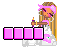 Pixel art of a girl with long blonde hair and pink headband holding a candle, surrounded by pink letter blocks changing across frames.