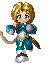 Pixel art character with blonde hair and blue eyes in blue outfit, shown in four sequential poses with slight body and arm adjustments.