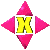 Yellow 'X' symbol surrounded by pink diamond-shaped and triangular elements in various configurations on gray background.