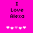 Bright pink background with black text reading "I Love Alexa" and five pixelated hearts below, two of which are pink and three white.