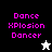 Pixelated text "Dance XPlosion Dancer" in bright pink on black, white, and gray backgrounds with a white or black star-shaped figure below.