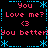 Pixel art animation with repeating text and symbols on black background, featuring pink and cyan elements in a