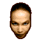 Pixelated head with dark hair showing three eye color variations: blue, red, and pinkish-red
