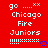 Red background with white pixelated text reading 'go ....xx Chicago Fire Juniors !!!!xxxxxx' and a blue heart symbol at bottom right.