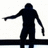 Pixelated black silhouette of a humanoid figure with outstretched arms against a white background, standing on a dark horizontal bar.