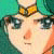 Pixelated close-up of a character's face with large dark eyes, a small nose, and a thin mouth, wearing a green hat with a yellow band against a teal background.