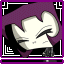 Pixelated cartoon character with white face and purple hooded cloak, black background with geometric patterns.