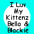 Four identical white circular icons on cyan background with black text reading "I Luv My Kittenz Bella & Blackie" in pixelated font.