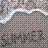 Pixelated wave-like shapes with pastel colors over a gray checkered background, featuring partial text and small black symbol.