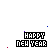 Animated 'HAPPY NEW YEAR' text with shifting blue and pink particle effects on a white background.