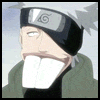Anime character with silver hair and headband displaying a spiral symbol, wearing green cloak over black shirt, mouth open in wide grin showing teeth.