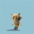 Pixelated character with light brown hair and horns walks left to right on light blue background, then stands still with a small dark object below.