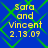Blue background with green diamond-shaped lattice pattern, yellow text reading 'Sara and Vincent 2.13.09' in four identical quadrants.