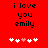 Red background with black text reading "i love you emily" and five white/pink pixelated hearts below, two versions showing heart color changes.
