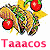 Pixelated image of a character with green hair and yellow accents holding red tomatoes, below pink text reading 'Taaacos' on white background.