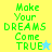 Pixelated green text "Make Your DREAMS Come TRUE" on split background with star symbols, animated star color change from blue to yellow.