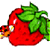 Pixelated red strawberry with green leaves and a cartoonish face on the left side, displayed as a static buddy icon.