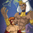 Pixelated image of a muscular character with blonde hair and white cape holding another character, next to yellow background with text.