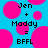 Pixelated blue background with pink circles and black text reading 'Jen + Maddy = BFFL' in two identical side-by-side arrangements.