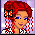 Pixelated character with red braided hair and orange butterfly clip, alternating between open eyes and closed eyes on purple checkered background.