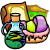 Pixelated character with blonde hair and blue top holding green and purple objects against a brown background.