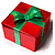 Red gift box with green ribbon on white background, adjacent to purple with blue text 'present' and a star-shaped cutout showing a person