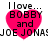 Four identical pixelated heart-shaped icons with text reading "I love... BOBBY and JOE JONAS" displayed in a