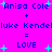 Pixelated text and symbols on a bright pink background with cyan accents, featuring repeated names and the word LOVE.