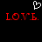 A black background displays two red 'LOVE.' text blocks with a white pixelated heart above them.