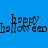 Blue background with black text reading 'happy halloween' in two lines, animated with a glowing effect on the lower-left text.