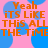 Pixelated orange text on pink background with blue circles, repeating 'Yeah ITS LIKE THIS ALL THE TIME' in two identical horizontal sections.