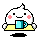 Pixelated character with white rounded body, pink cheeks, and black eyes holds a light blue mug on yellow surface against gray background.