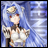 Pixelated anime-style character with blue hair and red eyes, wearing a white dress with brown accents, holding a staff-like object against a blue background with white light effects.