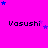A bright pink background with repeated 'Vasushi' text and scattered blue and purple stars in a pattern