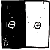 A split-screen pixel art image with a black left panel showing a white 'e' and small gray dots, and a white right panel with a black-and-white pixelated circular symbol.
