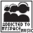 Black and white pixelated icon with cloud-like shapes above text reading 'ADDICTED TO MYSPACE MUSIC' in a