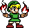Pixel art character in green tunic and hat holding two torches with red flames, standing against gray background.