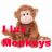 Two side-by-side animated frames of a cartoon monkey with text, one in red and the other in blue.