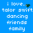 Blue background with white pixelated text listing 'i love... talor swift dancing friends family' and two distinct heart-shaped animations.