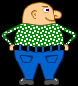 Animated cartoon character in green-and-white checkered shirt and blue pants, hands on hips then lowered with exposed midsection.