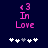 Pixelated pink text 'In Love' with a heart symbol above, set against dark blue background; white and gray star-like shapes below.