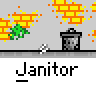 Animated contact sheet showing 12 frames of a janitor character performing various actions with trash cans and bricks in a pixel art style.