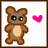 Pixelated brown bear icon with large black eyes and a light beige belly, next to a pink heart symbol on white background.