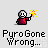 Pixel art character in red robe holding yellow sparkles, with repeated text 'PyroGone Wrong...' below each instance on gray background.