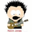Pixelated cartoon character with spiky black hair, wide eyes, and a large open mouth holding a dark object, wearing green shirt over brown vest and pink pants.